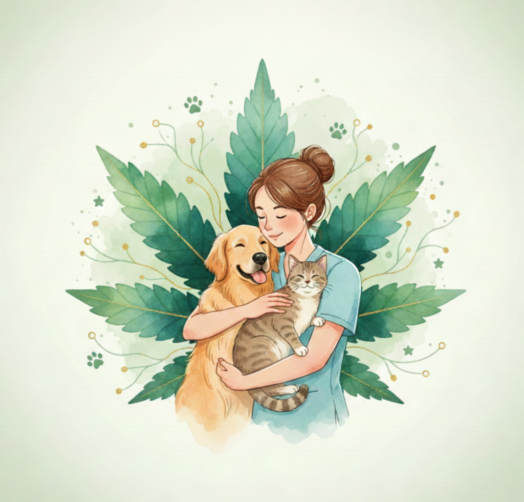 Veterinária abraçando cão e gato – cannabis medicinal veterinária